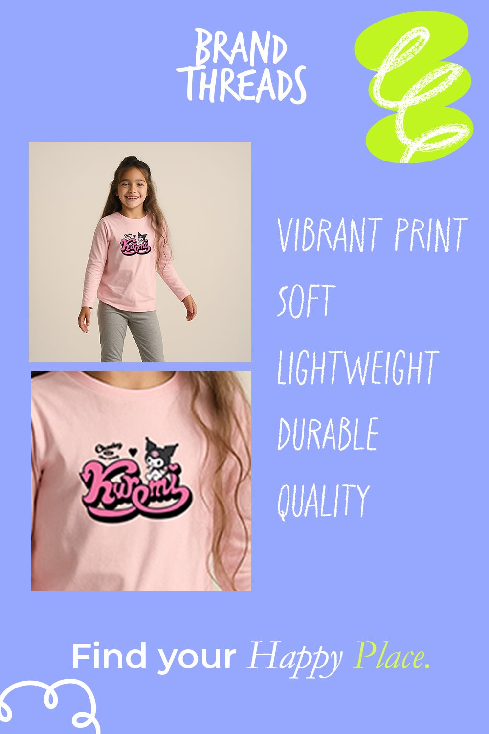 Kuromi Girls Pink Cotton Pyjama Set with Grey Marl Bottoms - Brand Threads