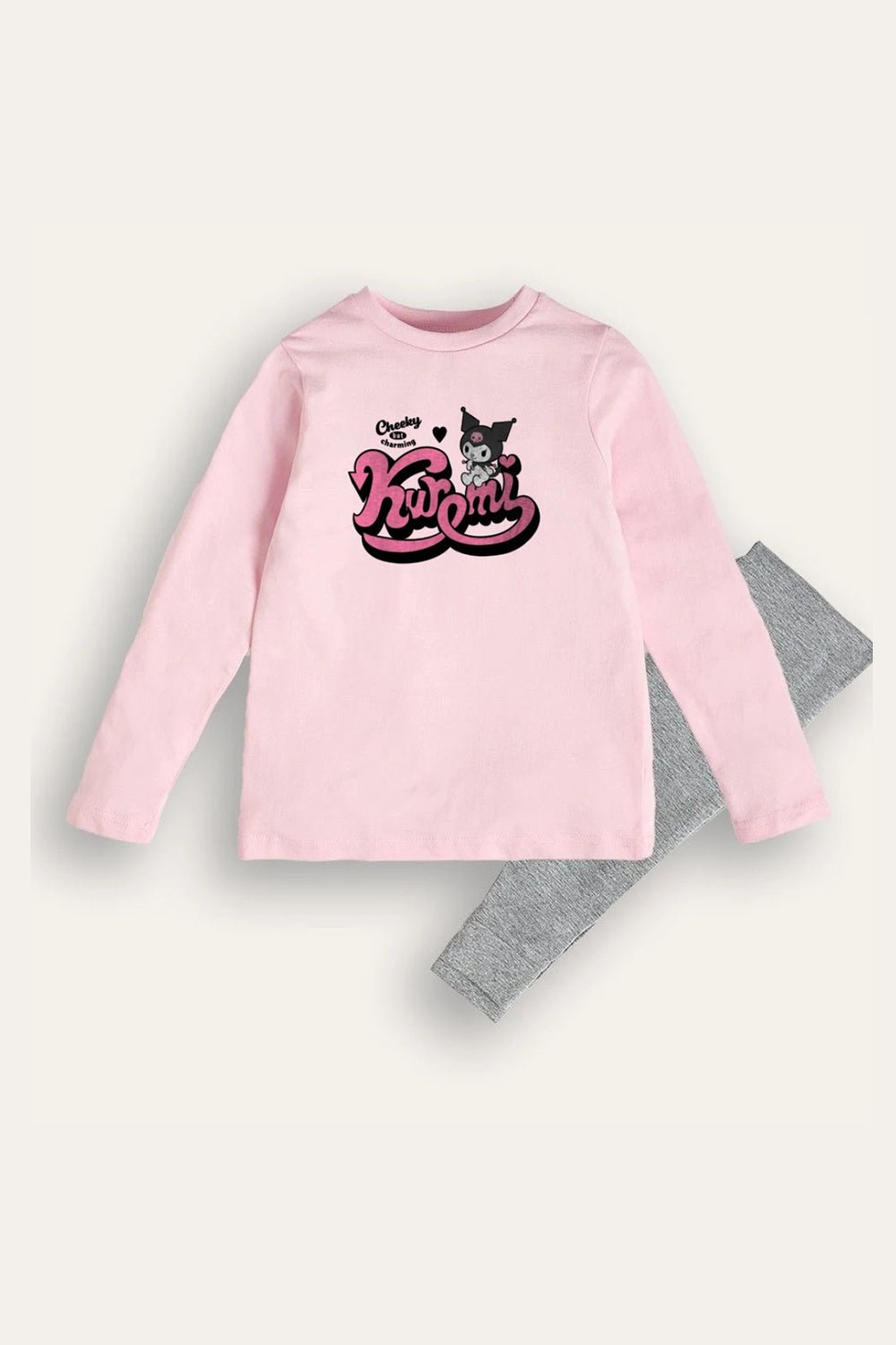 Kuromi Girls Pink Cotton Pyjama Set with Grey Marl Bottoms - Brand Threads