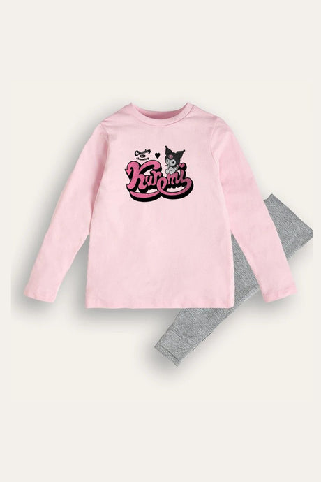 Kuromi Girls Pink Cotton Pyjama Set with Grey Marl Bottoms - Brand Threads