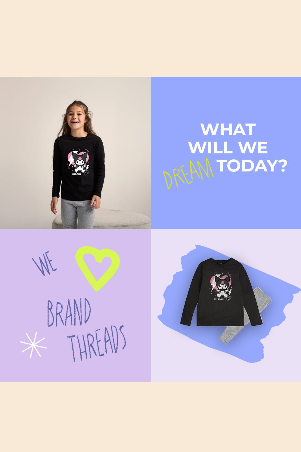 Kuromi girls pjs – two - piece set with top & cuffed bottoms, girls pyjamas - Brand Threads