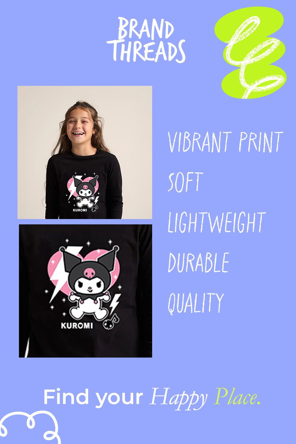 Kuromi girls pjs – two - piece set with top & cuffed bottoms, girls pyjamas - Brand Threads