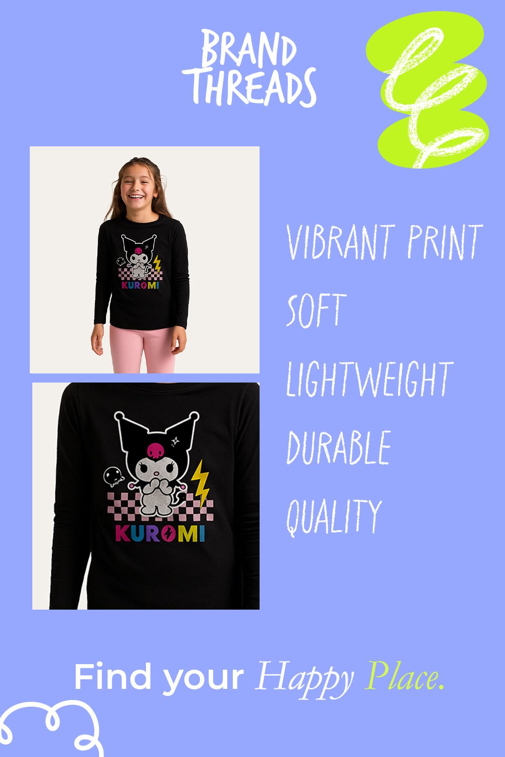 Kuromi girls pyjamas – black & pink long sleeve pyjama set - Brand Threads