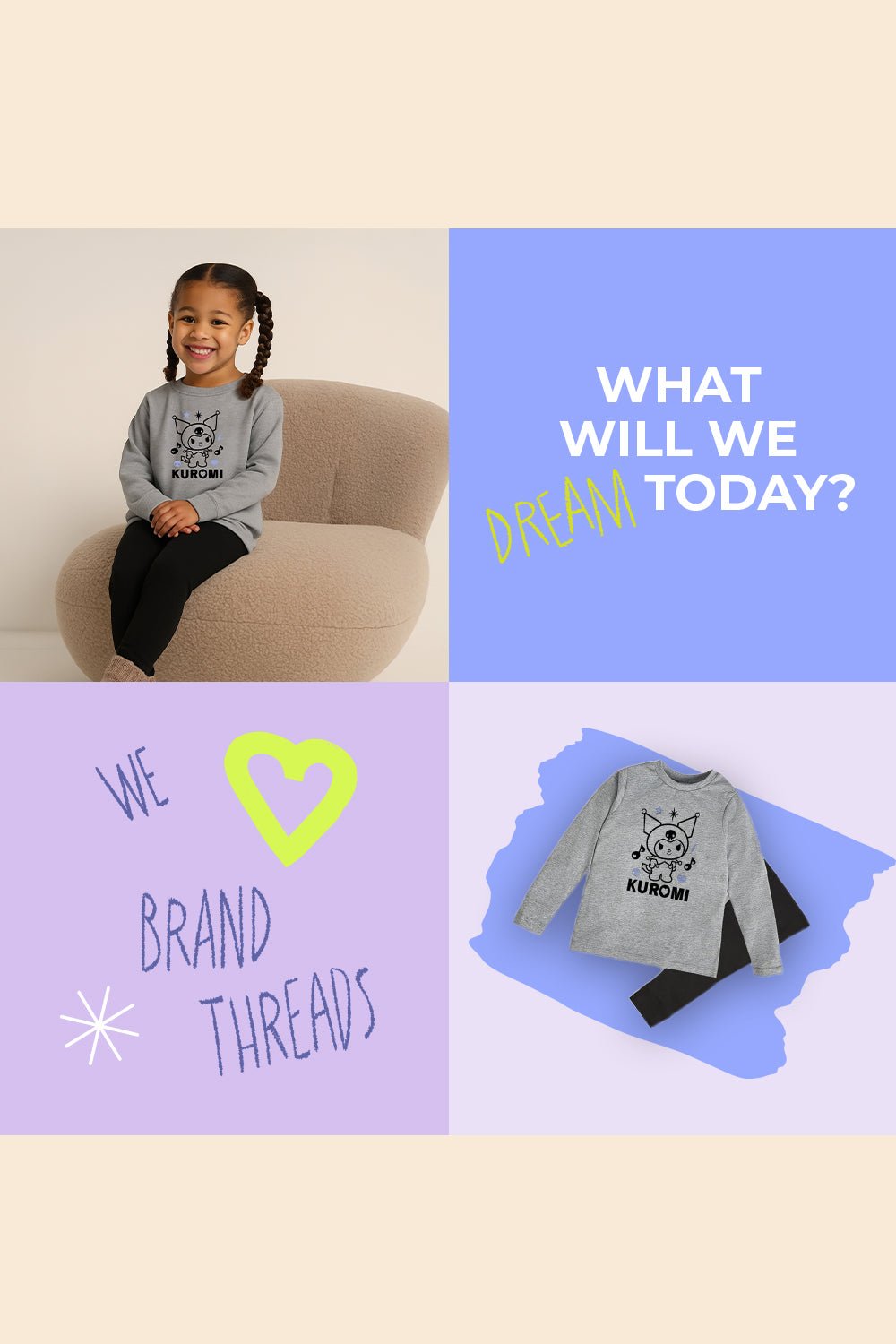 Kuromi girls pyjamas grey two - piece set - Brand Threads