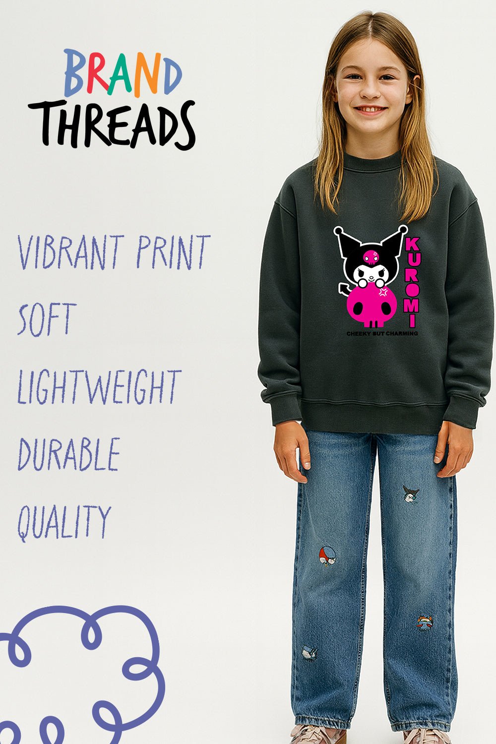 Kuromi girls sweatshirt – long sleeve grey casual jumper - Brand Threads
