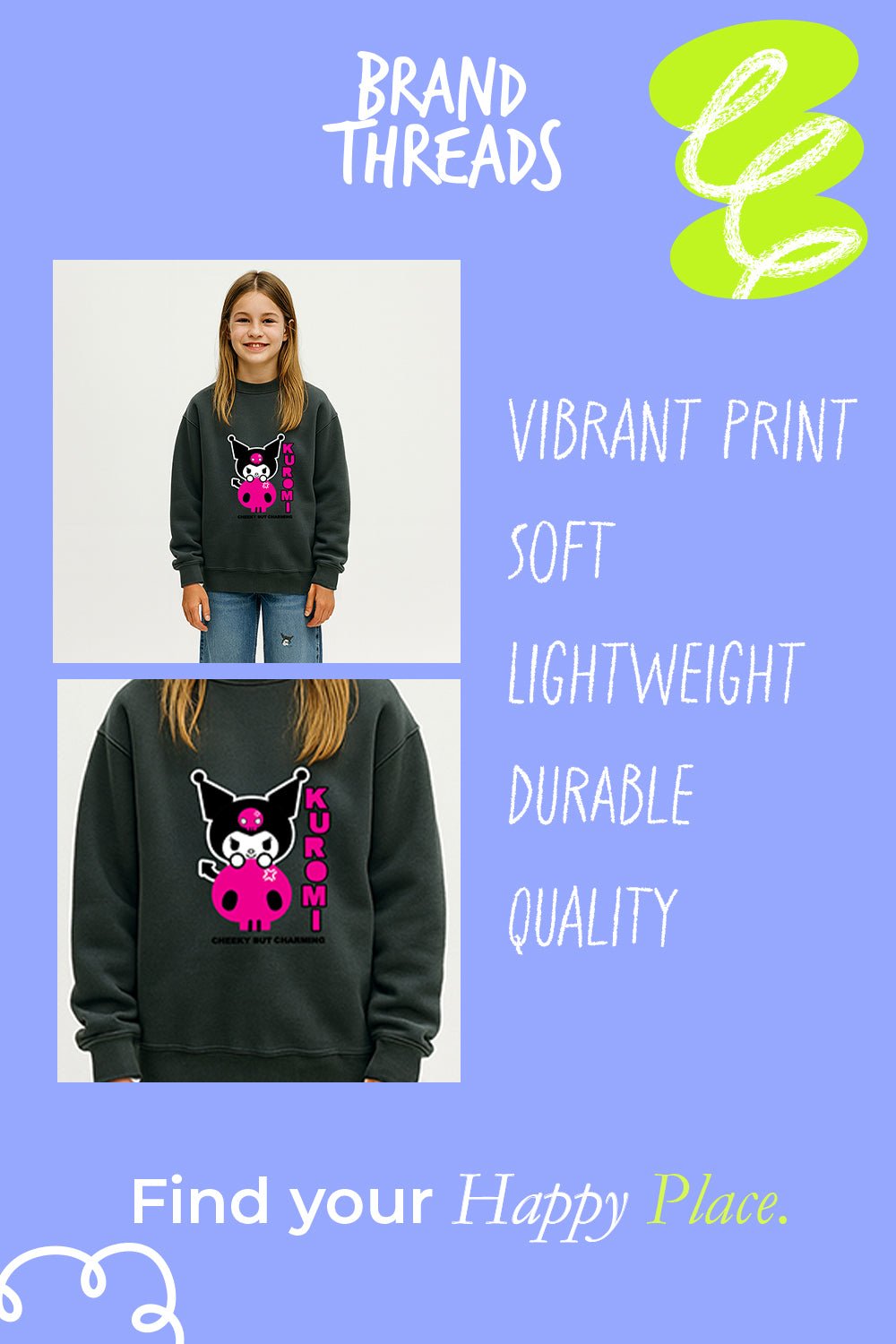 Kuromi girls sweatshirt – long sleeve grey casual jumper - Brand Threads