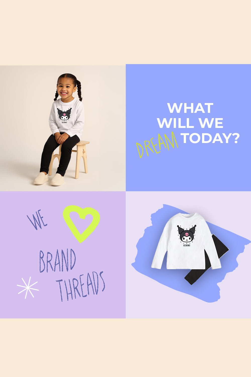 Kuromi Girls White Pyjama Set – 100% Cotton Long Sleeve Top & Cuffed Bottoms - Brand Threads