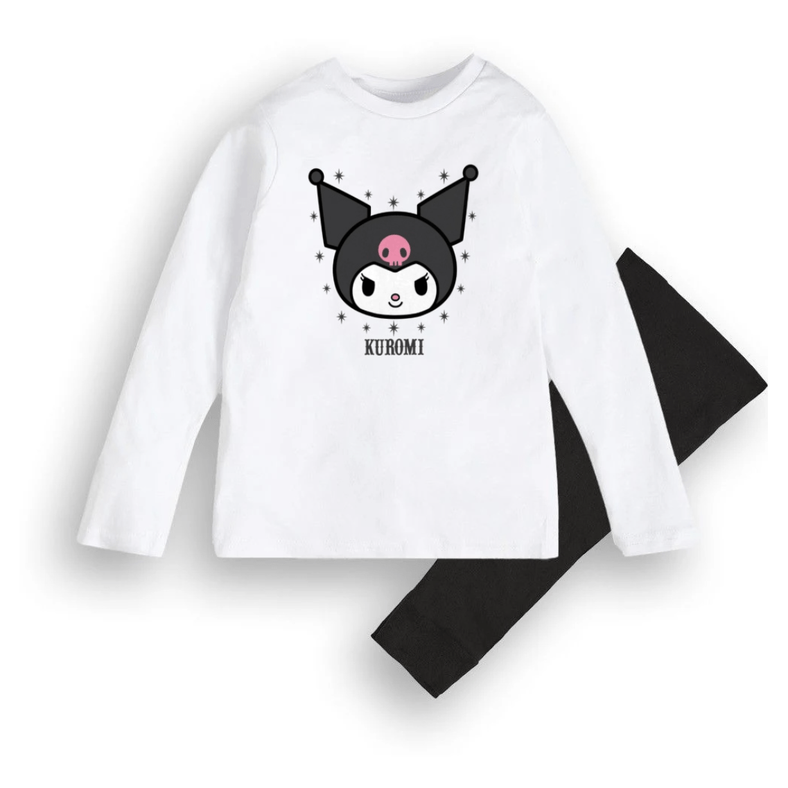 Kuromi Girls White Pyjama Set – 100% Cotton Long Sleeve Top & Cuffed Bottoms - Brand Threads