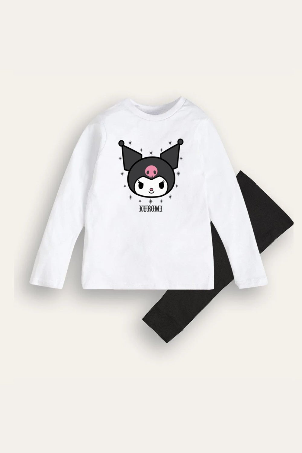 Kuromi Girls White Pyjama Set – 100% Cotton Long Sleeve Top & Cuffed Bottoms - Brand Threads