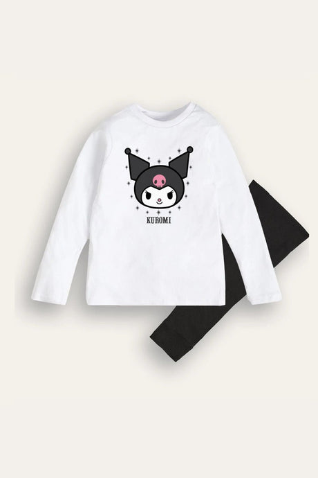 Kuromi Girls White Pyjama Set – 100% Cotton Long Sleeve Top & Cuffed Bottoms - Brand Threads