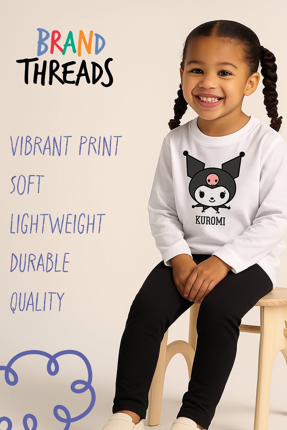 Kuromi Girls White Pyjama Set – 100% Cotton Long Sleeve Top & Cuffed Bottoms - Brand Threads