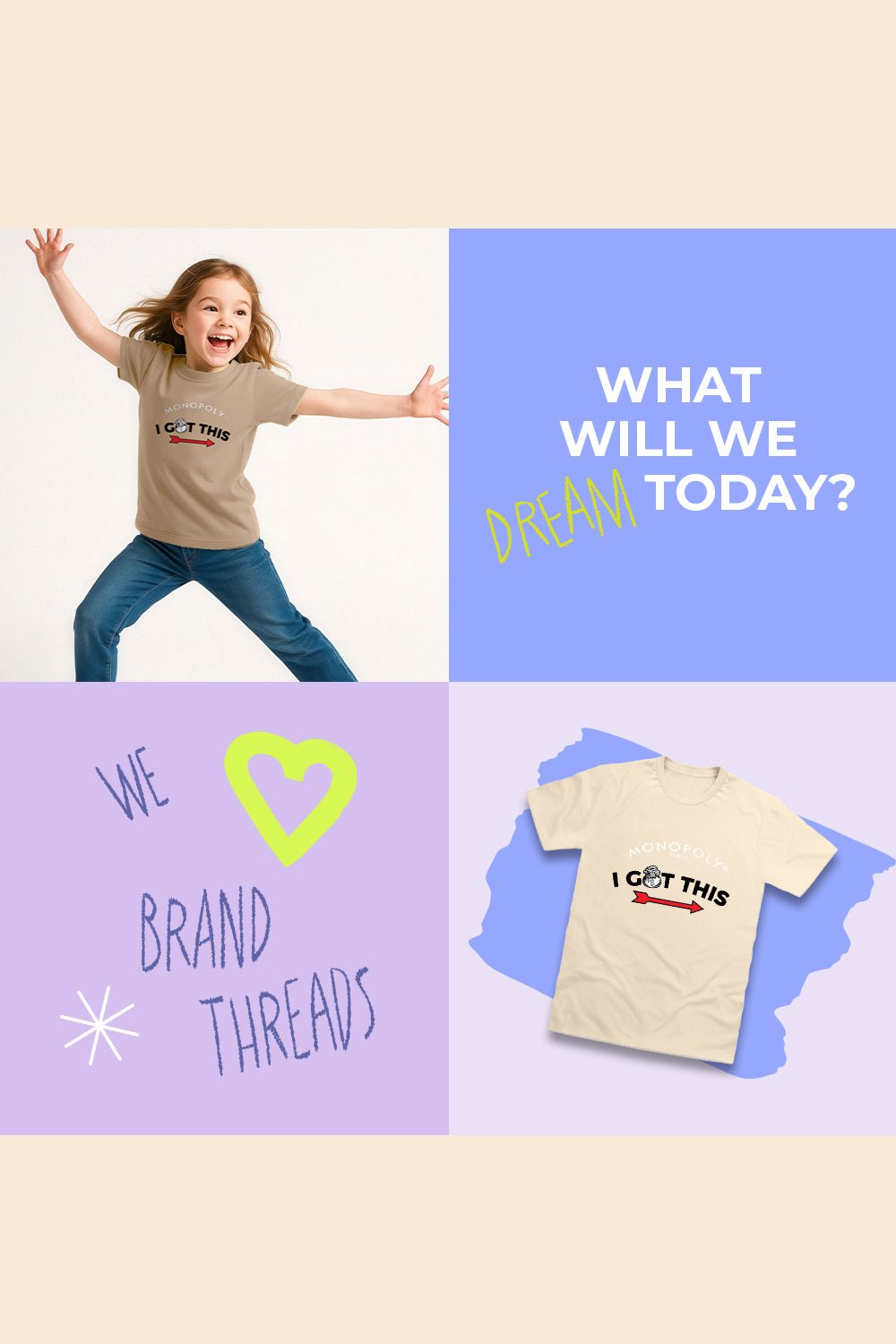 Monopoly Boys T-Shirt – Sand 100% Cotton Short Sleeve Tee - Brand Threads