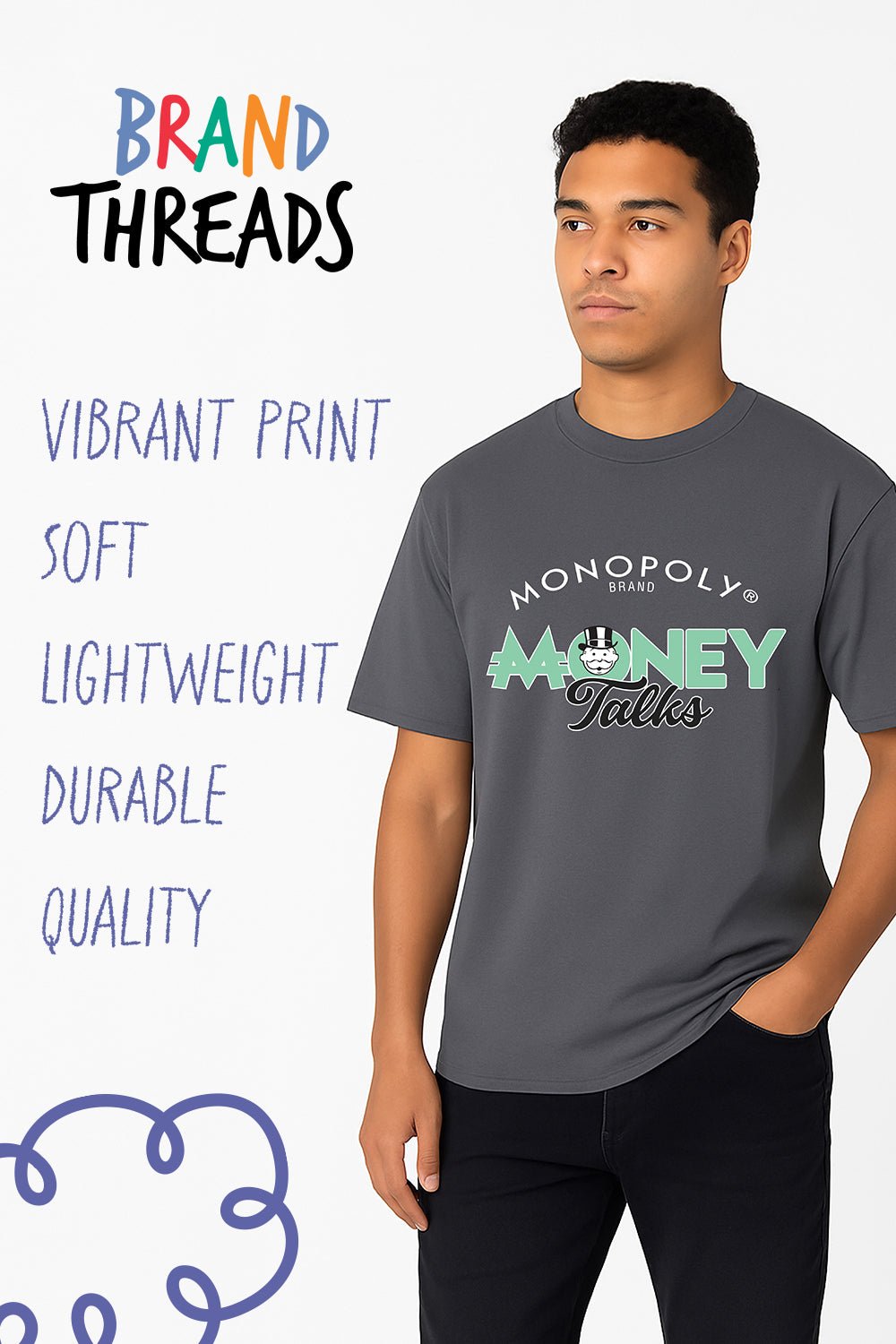 Monopoly Men’s T-Shirt – Charcoal Grey 100% Cotton Short Sleeve Tee - Brand Threads