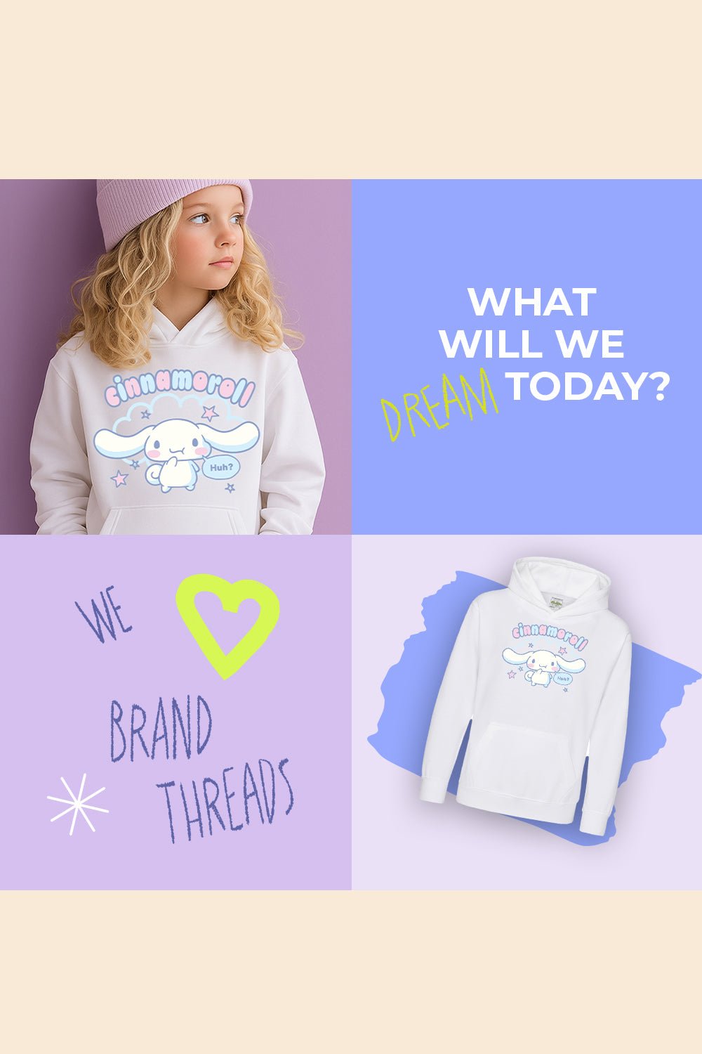 Sanrio Cinnamoroll Kids’ Hoodie – White Cotton Hooded Sweatshirt - Brand Threads