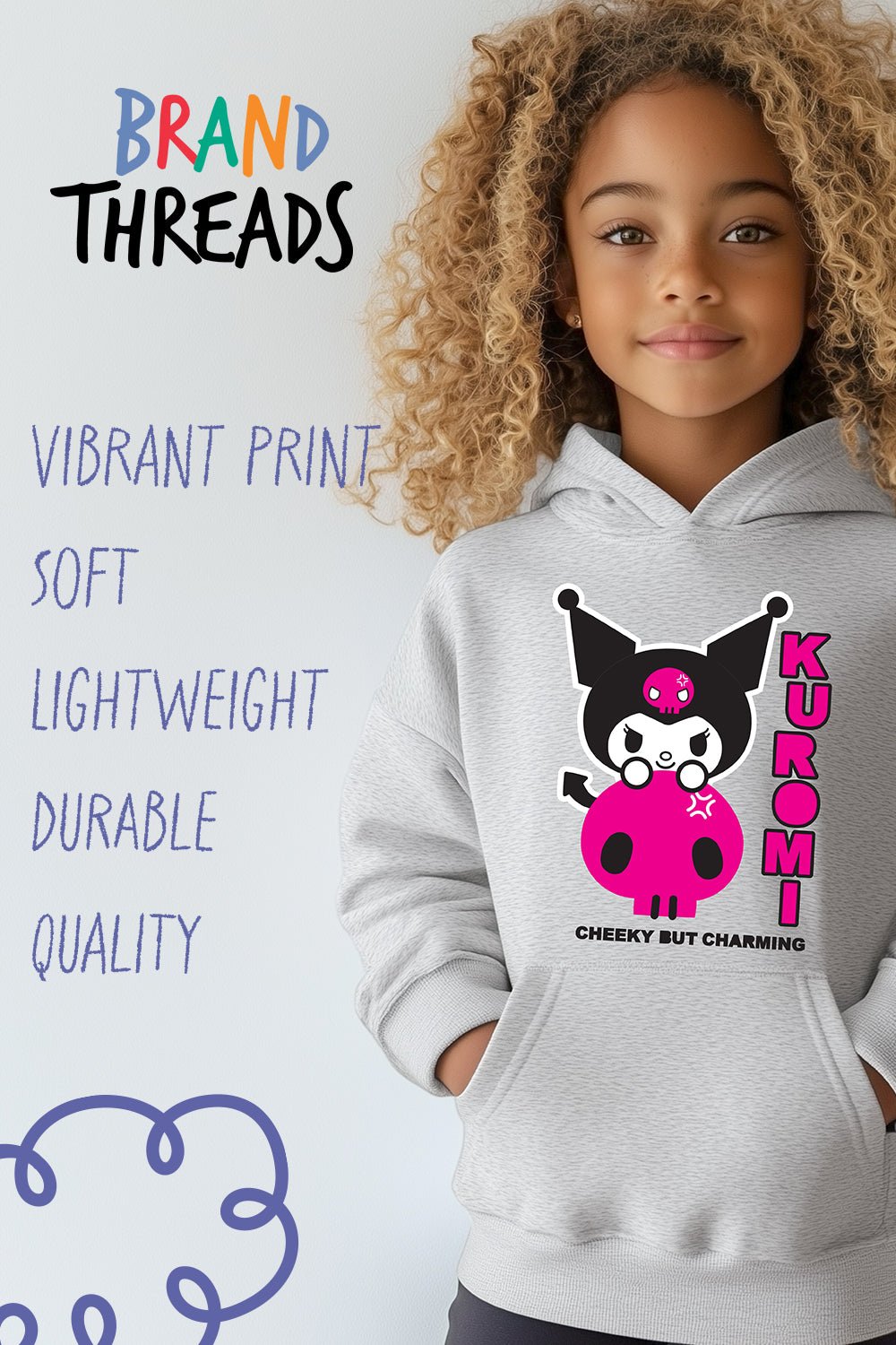 Sanrio Kuromi Kids’ Hoodie – Sport Grey Cotton Hooded Sweatshirt - Brand Threads