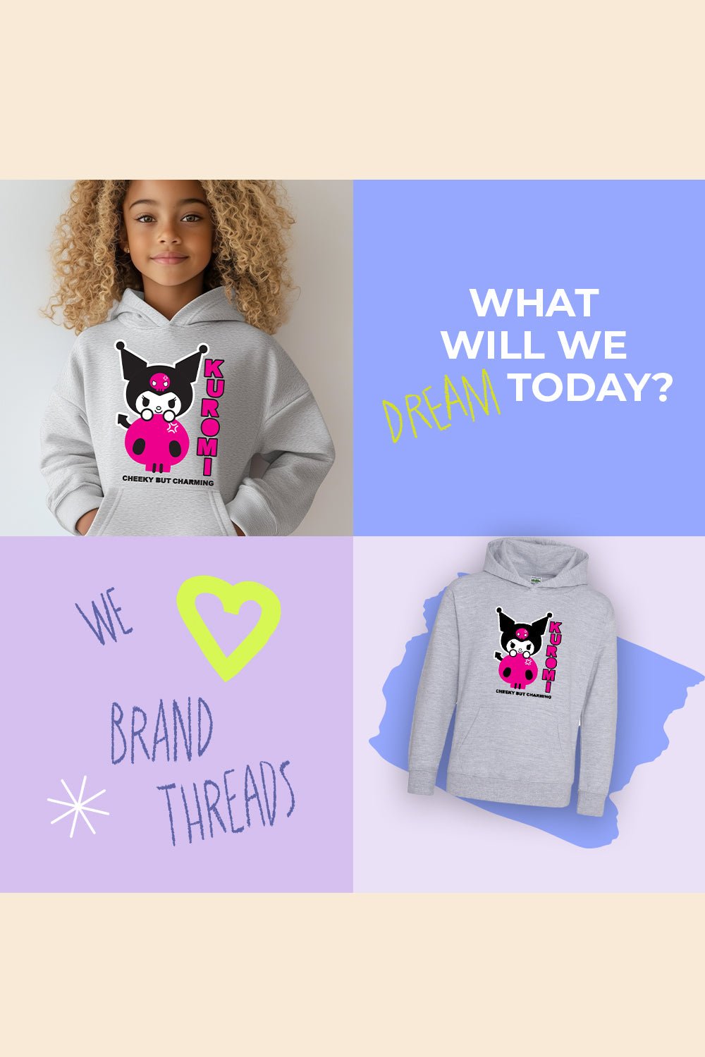 Sanrio Kuromi Kids’ Hoodie – Sport Grey Cotton Hooded Sweatshirt - Brand Threads