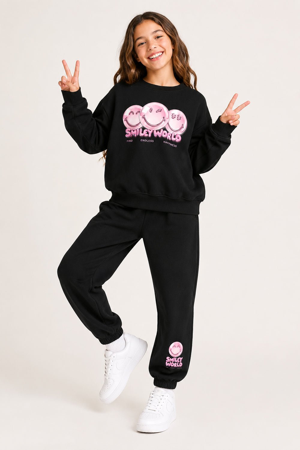 Smiley Girls Black Sweatshirt and Jogger Set Loungewear - Brand Threads