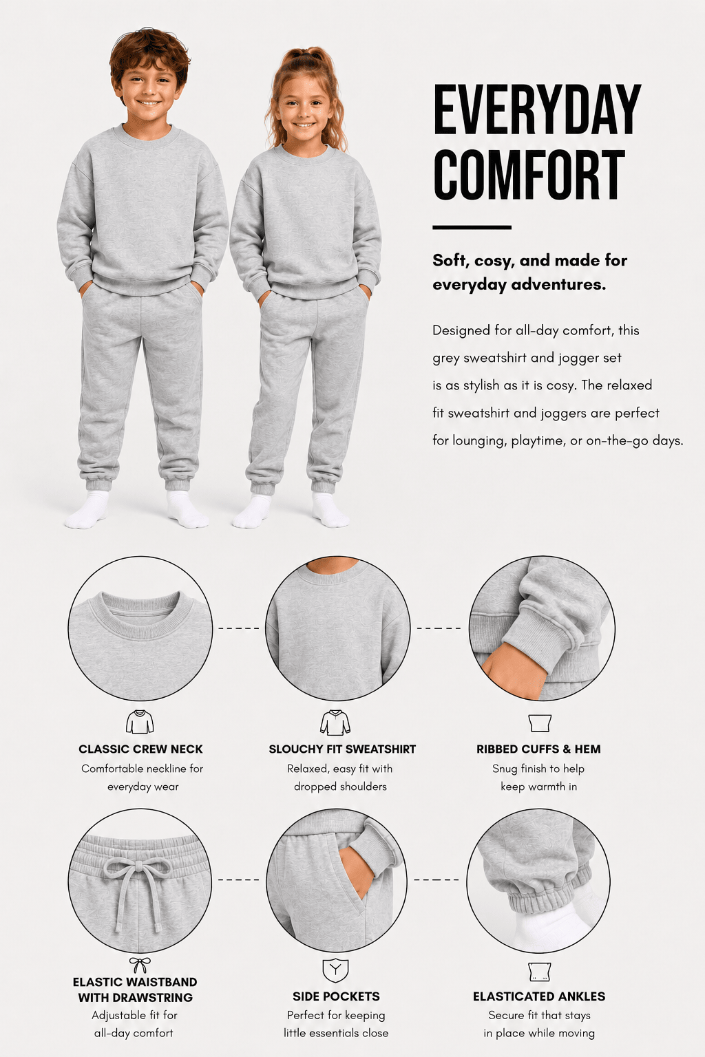 Smiley Girls Grey Marl Sweatshirt and Jogger Set Loungewear - Brand Threads