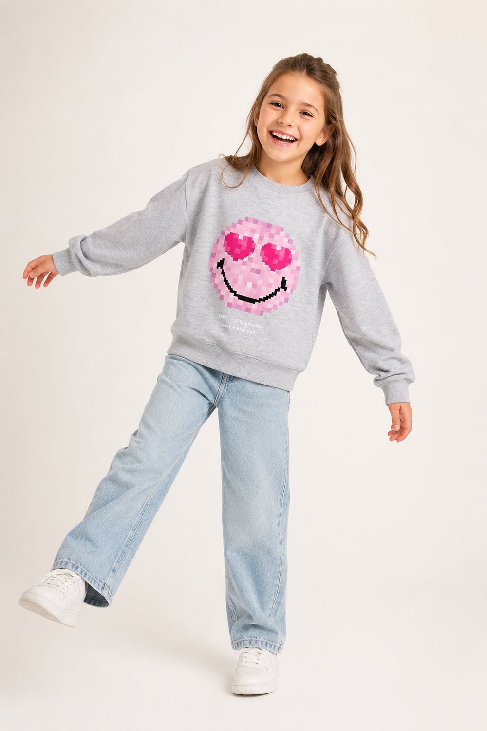 Smiley Girls Grey Marl Sweatshirt with Smiley Face Print - Brand Threads