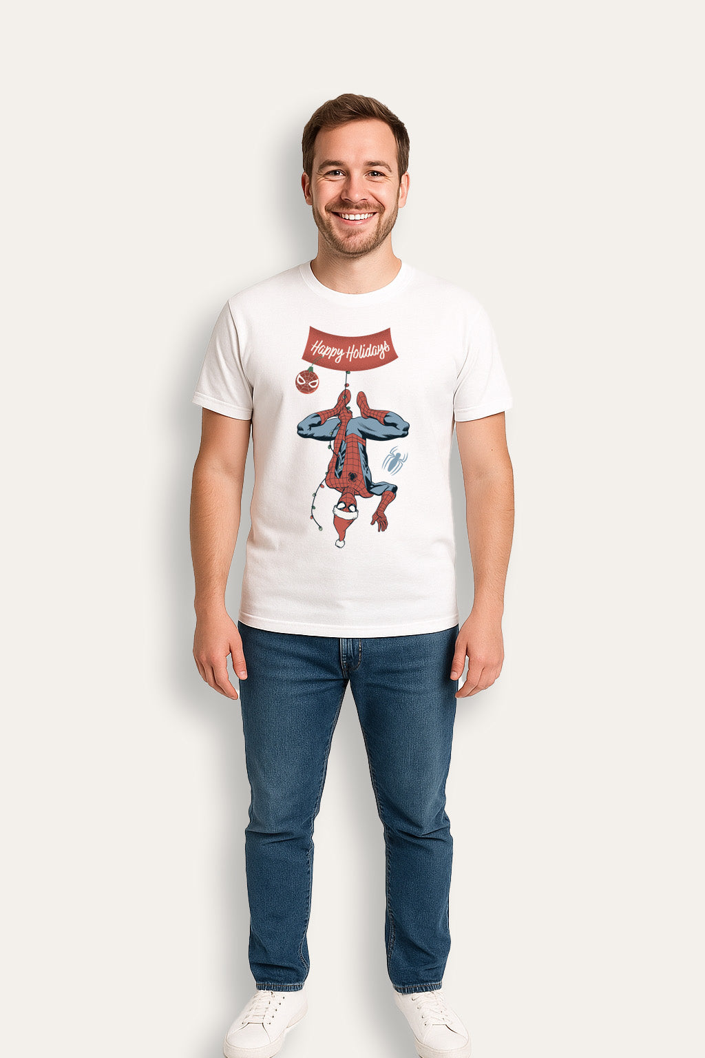 Mens Spiderman White Christmas T-Shirt