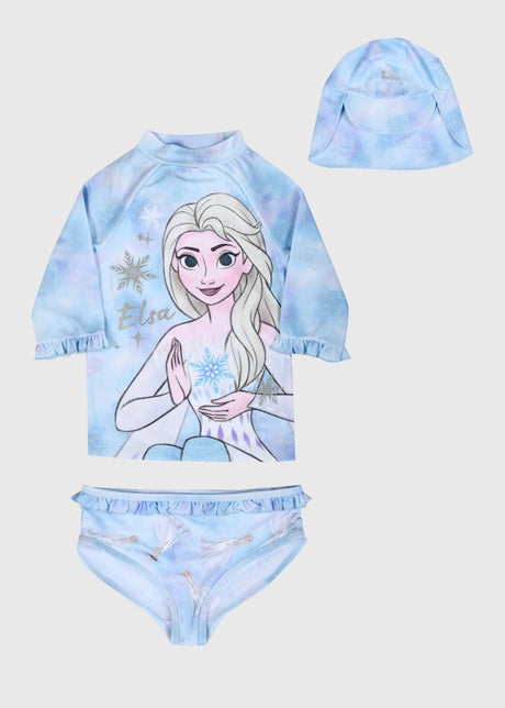 Disney Frozen Elsa Girls 3 - Piece Swim Set - Bikini & Hat - Brand Threads