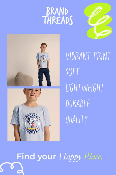 Disney Mickey Mouse Boys T-Shirt – 100% Cotton Light Blue - Brand Threads