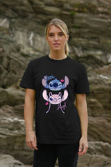 Disney Stitch & Angel Women’s T-Shirt – Black 100% Cotton Short Sleeve Tee - Brand Threads