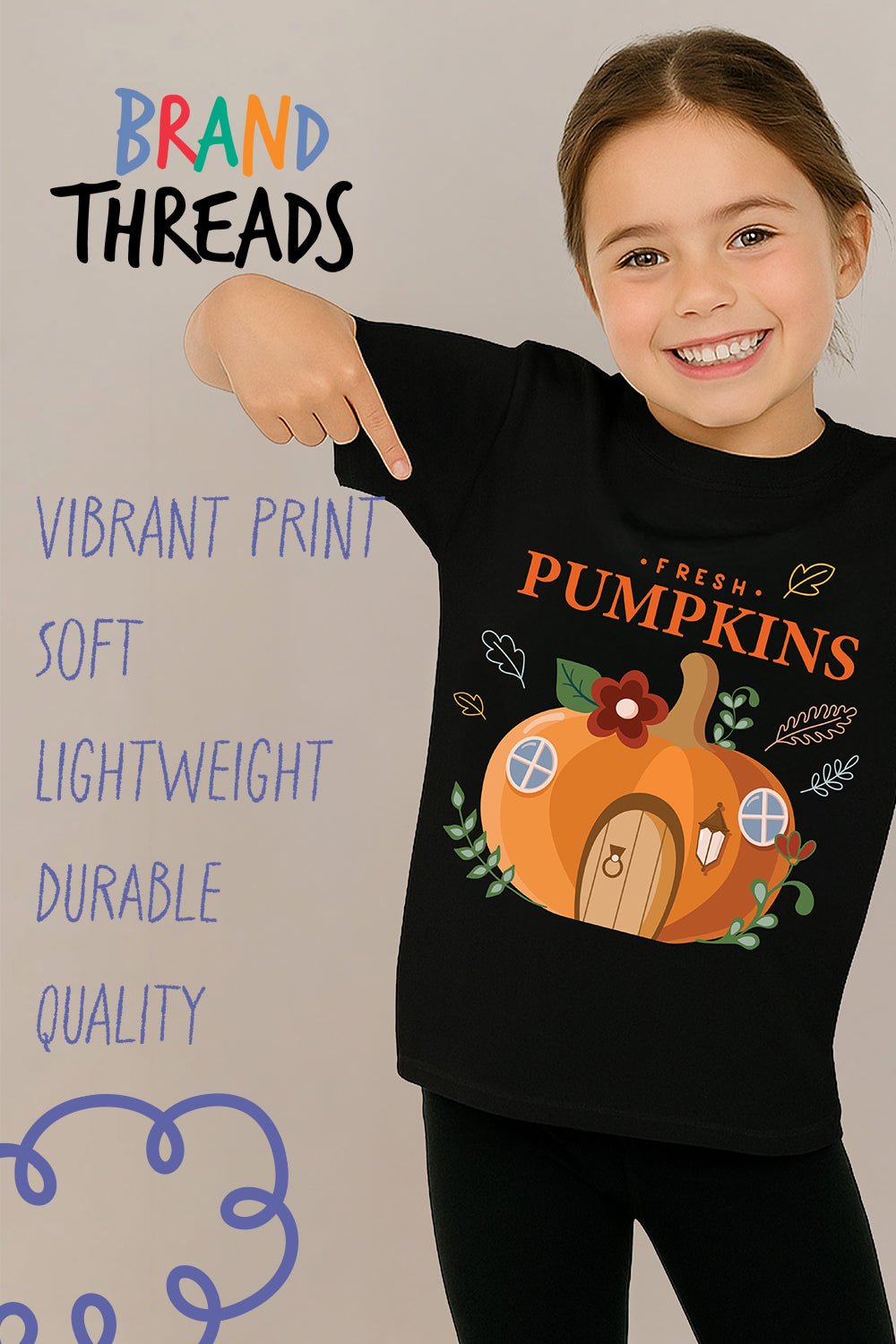 Fresh Pumpkins Girls’ T-Shirt – Black Autumn Graphic Tee - Brand Threads