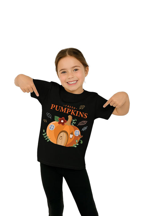 Fresh Pumpkins Girls’ T-Shirt – Black Autumn Graphic Tee - Brand Threads