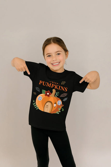 Fresh Pumpkins Girls’ T-Shirt – Black Autumn Graphic Tee - Brand Threads