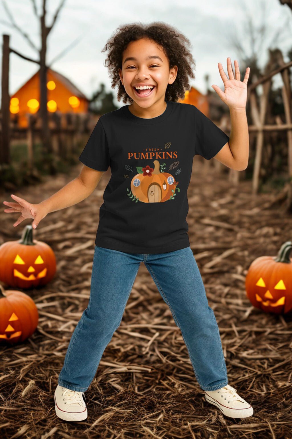 Girls Halloween T-Shirt – Fresh Pumpkins Black Tee - Brand Threads