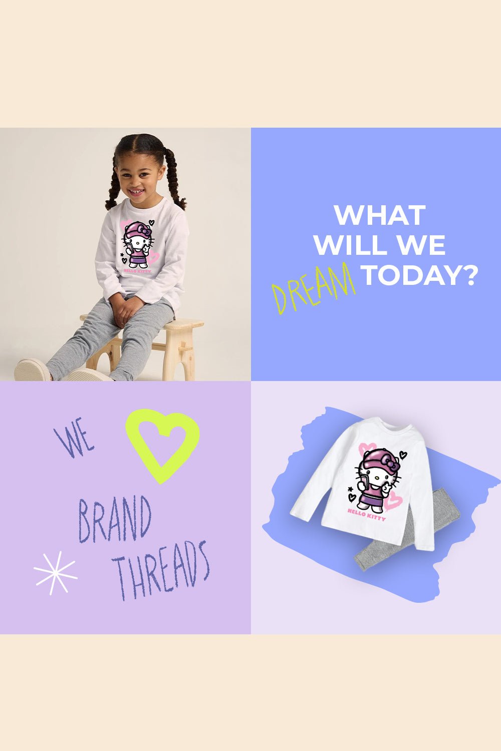 Hello Kitty Girls White Pyjama Set – 100% Cotton Long Sleeve & Trousers - Brand Threads