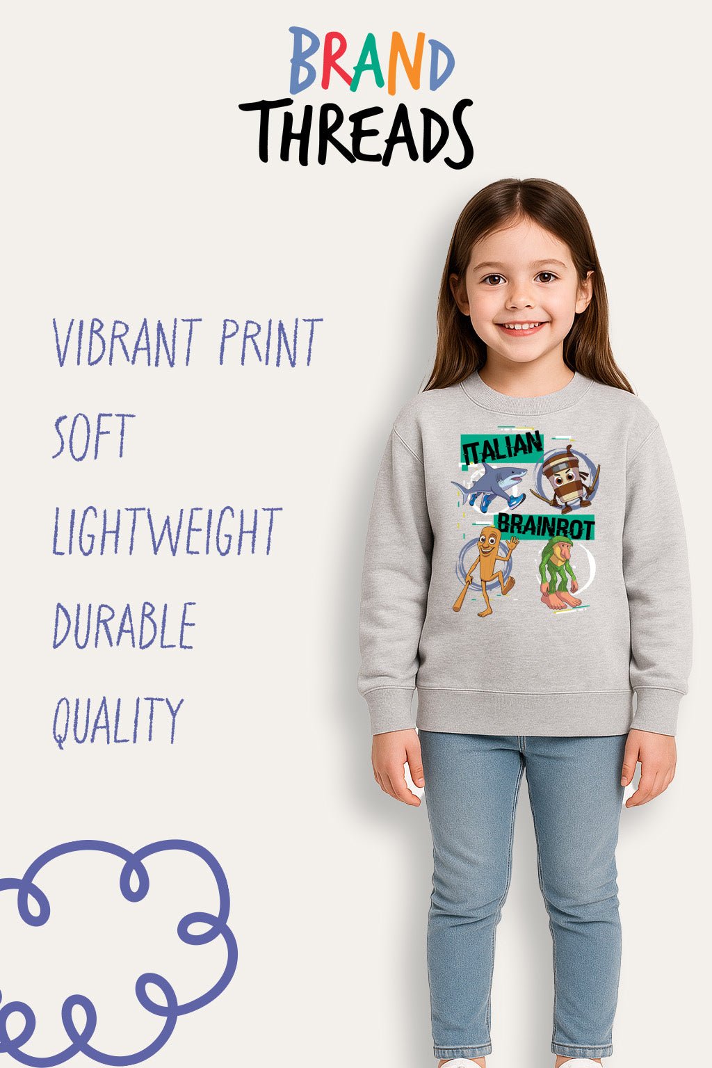 Italian Brainrot Kids Grey Sweatshirt - Brand Threads