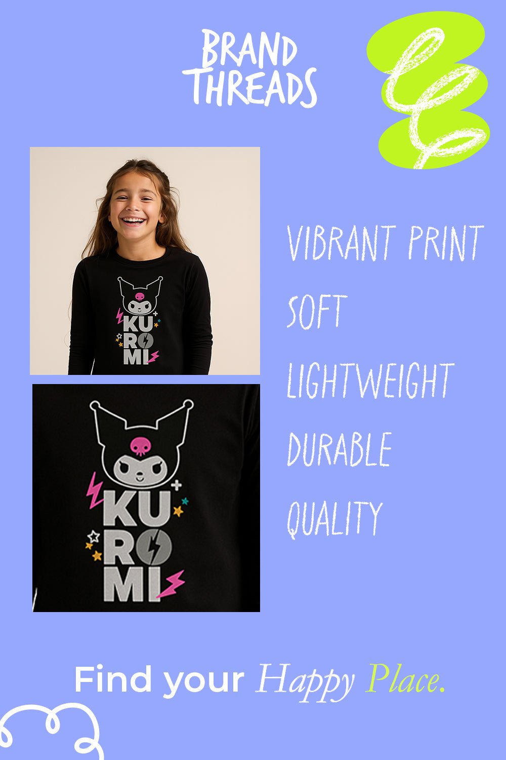 Kuromi Girls Black Pyjama Set – 100% Cotton Long Sleeve Top & Full - Length Bottoms - Brand Threads