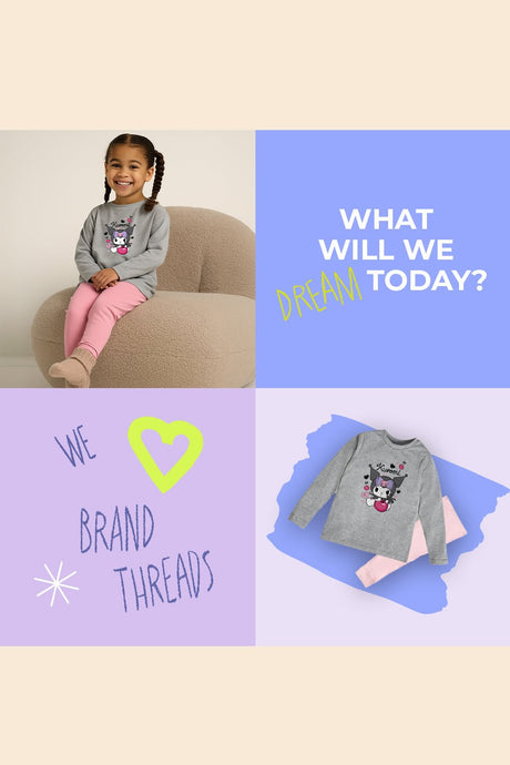 Kuromi Girls Grey Pyjama Set – 100% Cotton Kids Sleepwear - Brand Threads