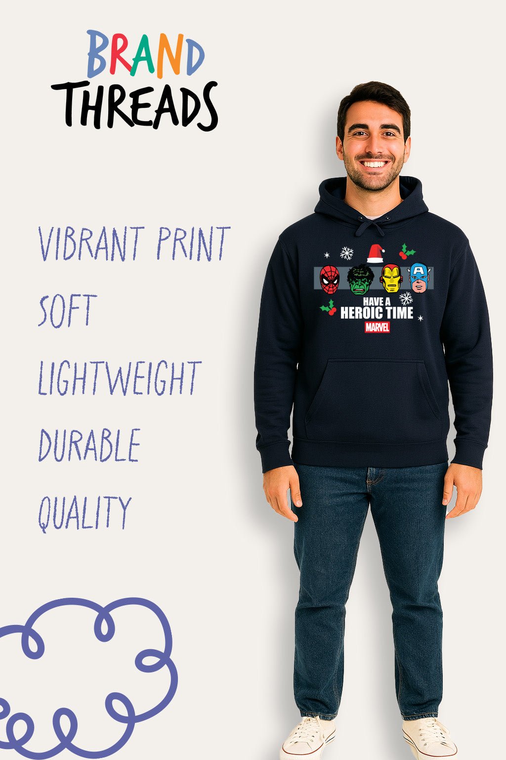 Mens Marvel Christmas Navy Hoodie - Brand Threads