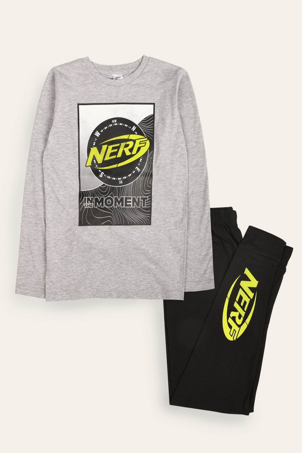 NERF Boy's Pyjamas Set – Long - Sleeved Grey Top with Black Bottoms - Brand Threads