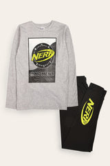 NERF Boy's Pyjamas Set – Long - Sleeved Grey Top with Black Bottoms - Brand Threads