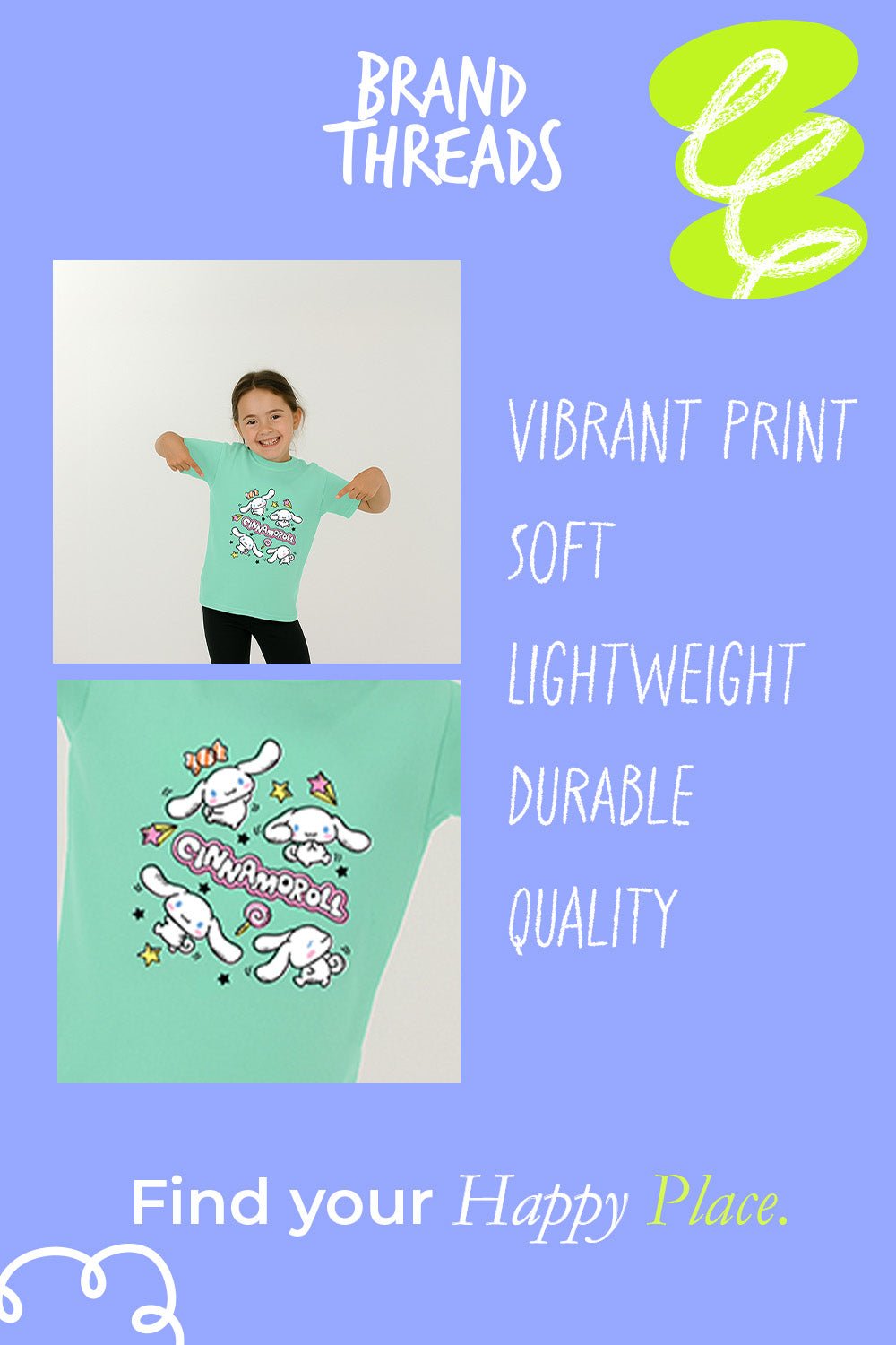 Sanrio Cinnamoroll Girls Mint T-Shirt Short Sleeve Cotton Tee - Brand Threads
