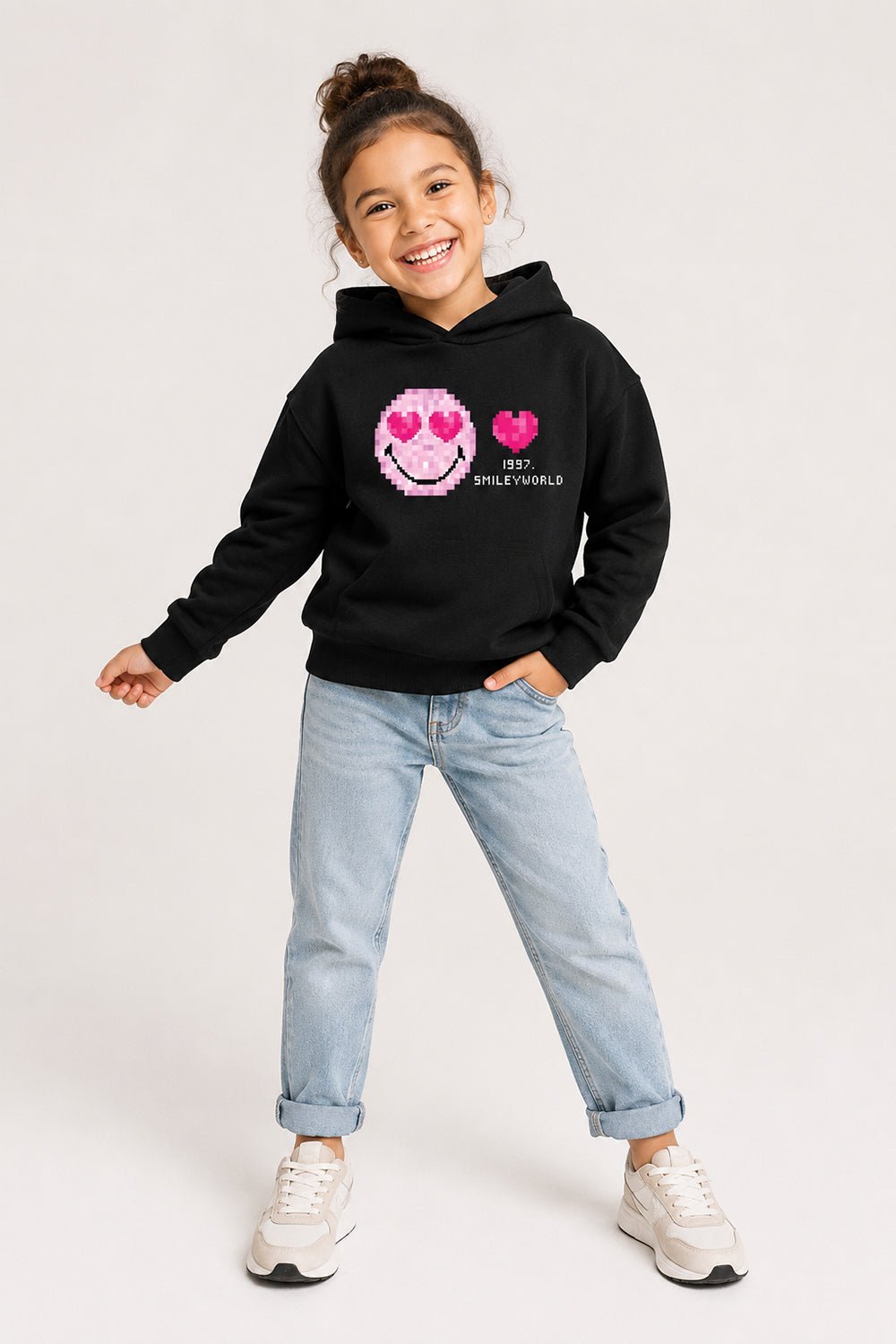 Smiley Girls Black Hooded Sweatshirt with Smiley Print - Brand Threads