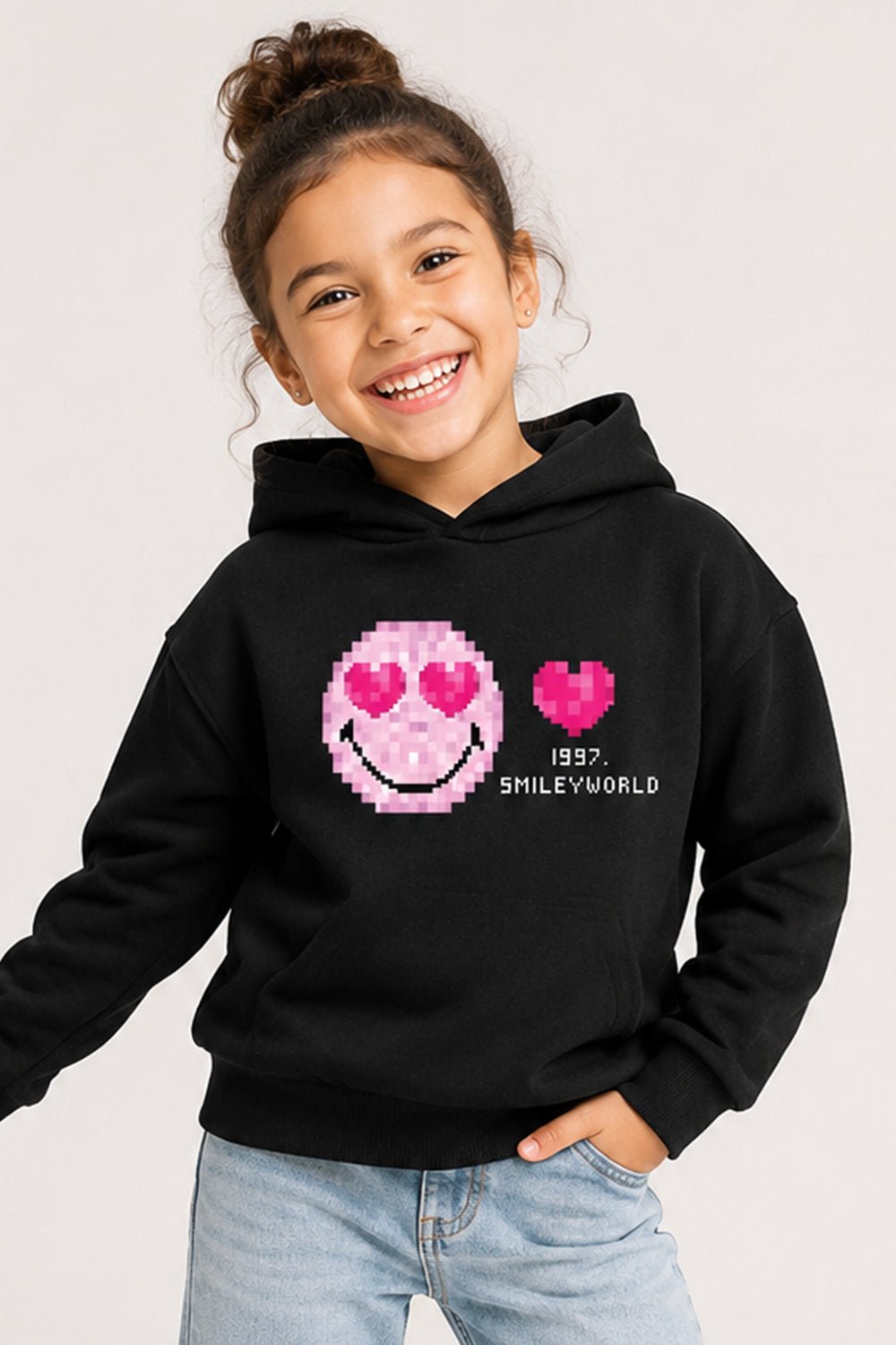 Smiley Girls Black Hooded Sweatshirt with Smiley Print - Brand Threads