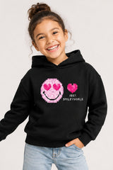 Smiley Girls Black Hooded Sweatshirt with Smiley Print - Brand Threads