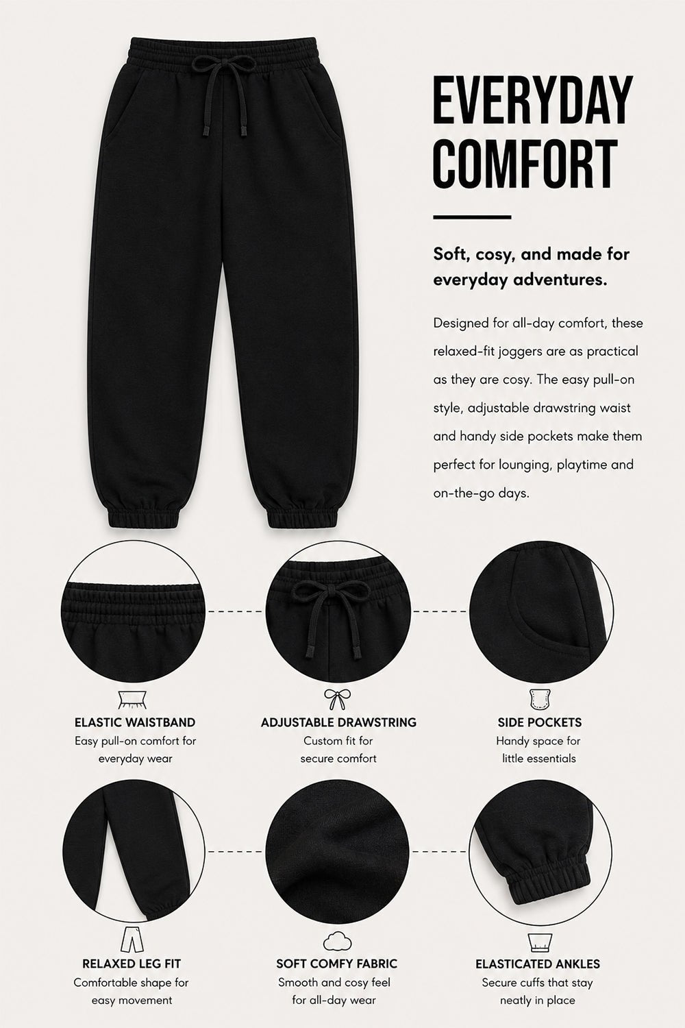 Smiley Girls Black Joggers with Smiley Face Tracksuit Bottoms - Brand Threads