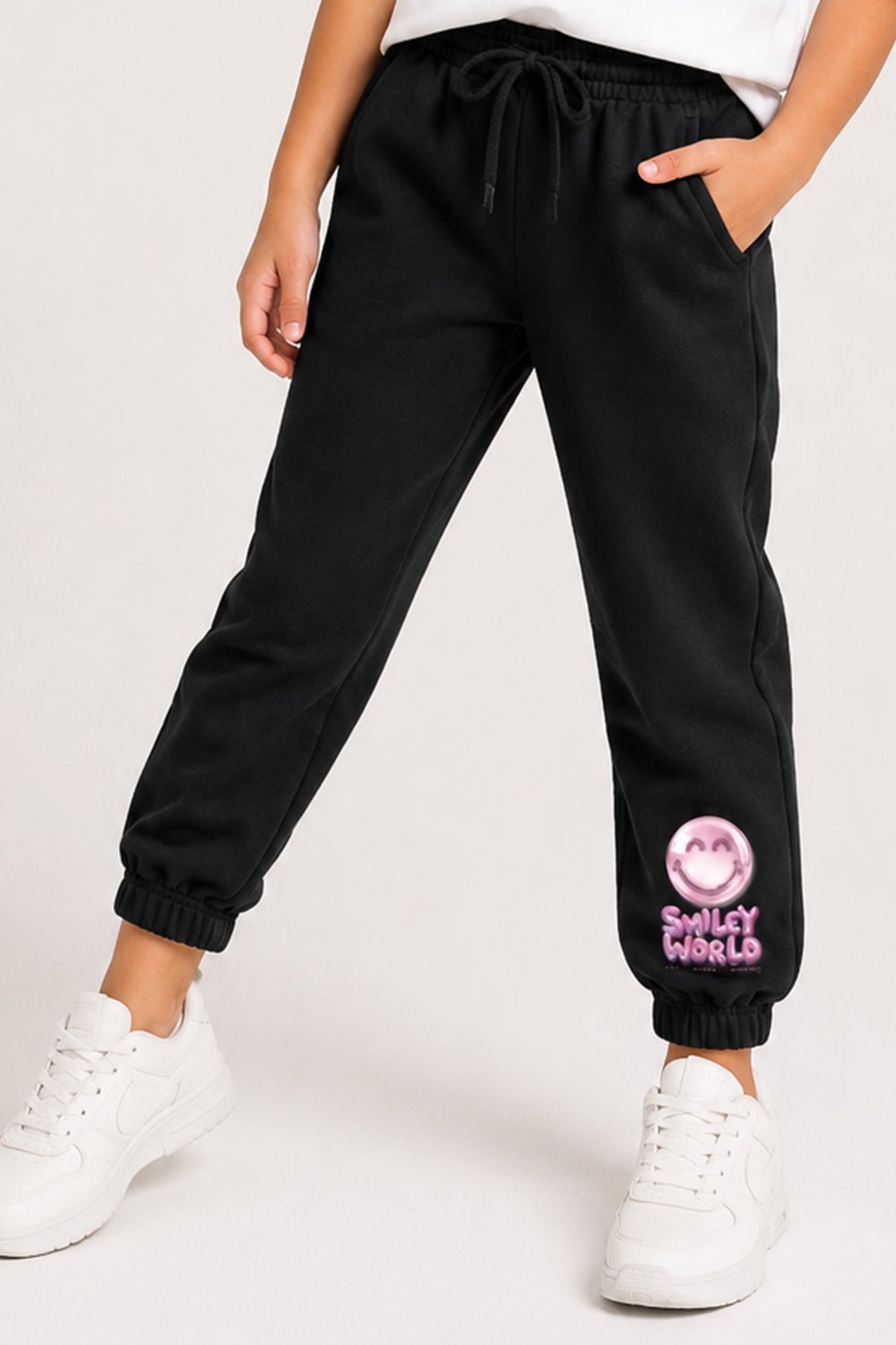 Smiley Girls Black Joggers with Smiley Face Tracksuit Bottoms - Brand Threads