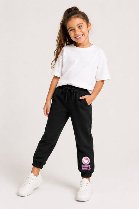 Smiley Girls Black Joggers with Smiley Face Tracksuit Bottoms - Brand Threads