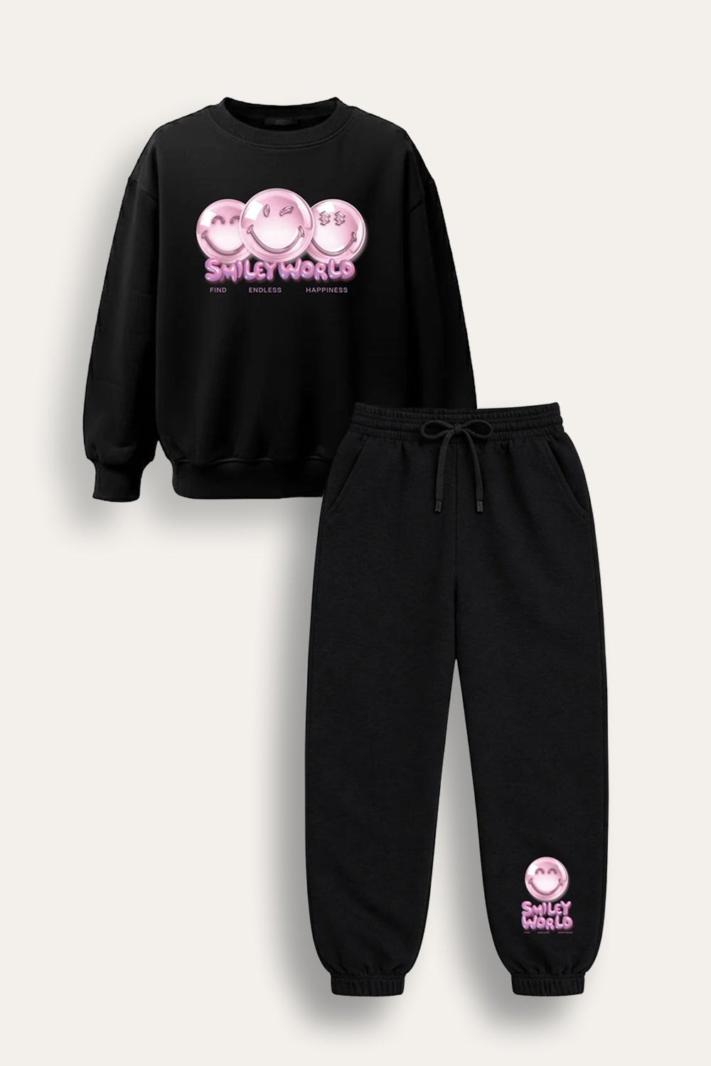 Smiley Girls Black Sweatshirt and Jogger Set Loungewear - Brand Threads