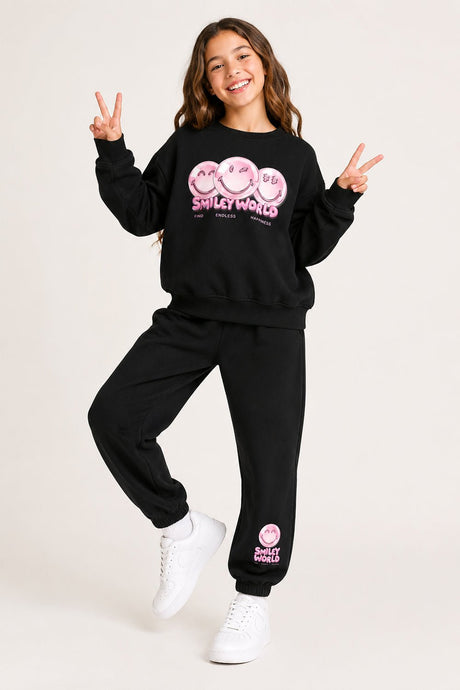 Smiley Girls Black Sweatshirt and Jogger Set Loungewear - Brand Threads