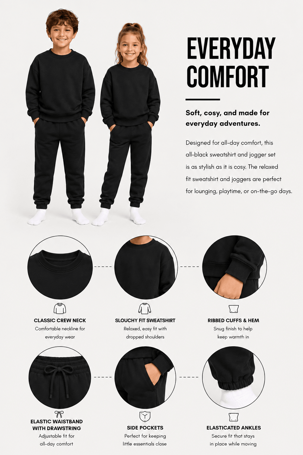 Smiley Girls Black Sweatshirt and Jogger Set Loungewear - Brand Threads