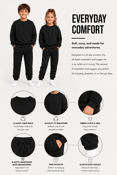 Smiley Girls Black Sweatshirt and Jogger Set Loungewear - Brand Threads
