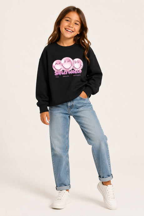 Smiley Girls Black Sweatshirt with Smiley Face Print - Brand Threads