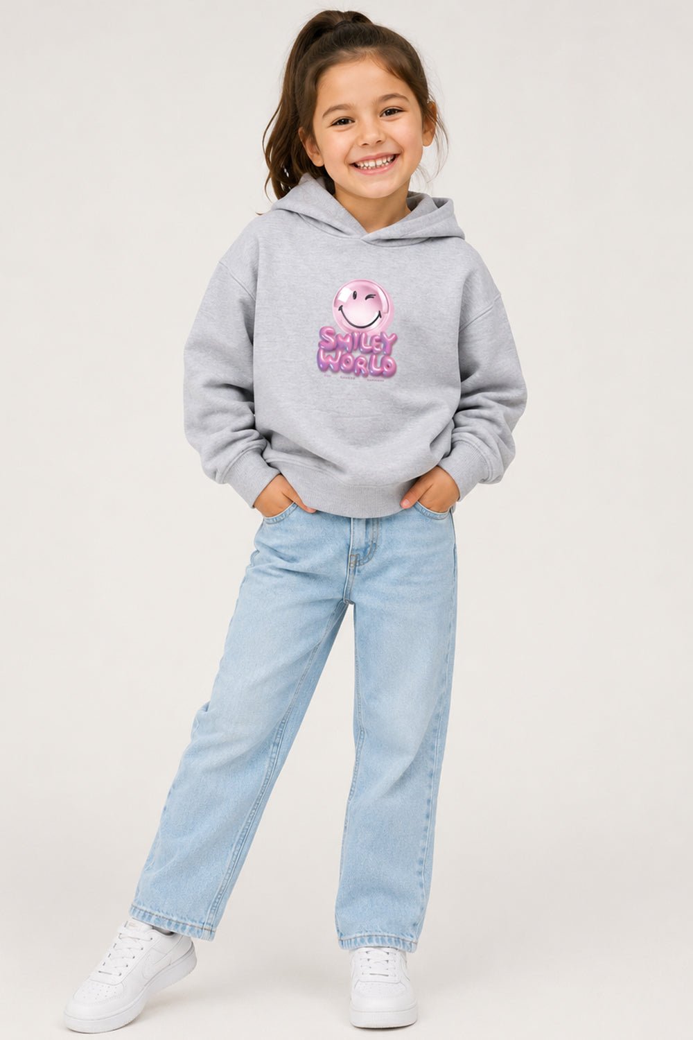 Smiley Girls Grey Marl Hooded Sweatshirt with Smiley Print - Brand Threads